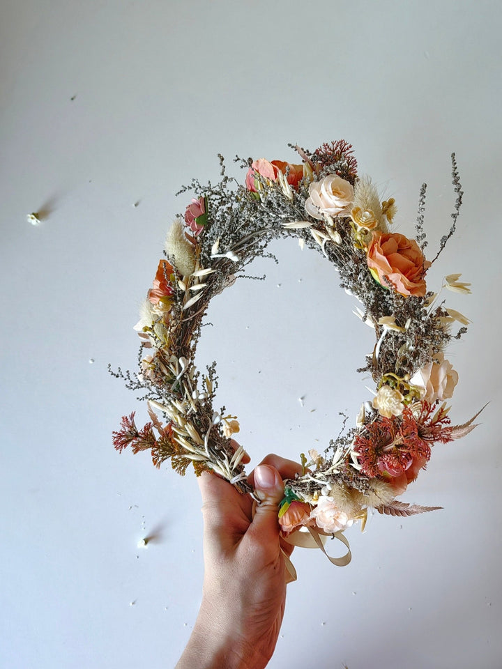 Dusty Orange Flower Crown: Boho Bridal Headpiece – handmade floral hair accessory by magaela