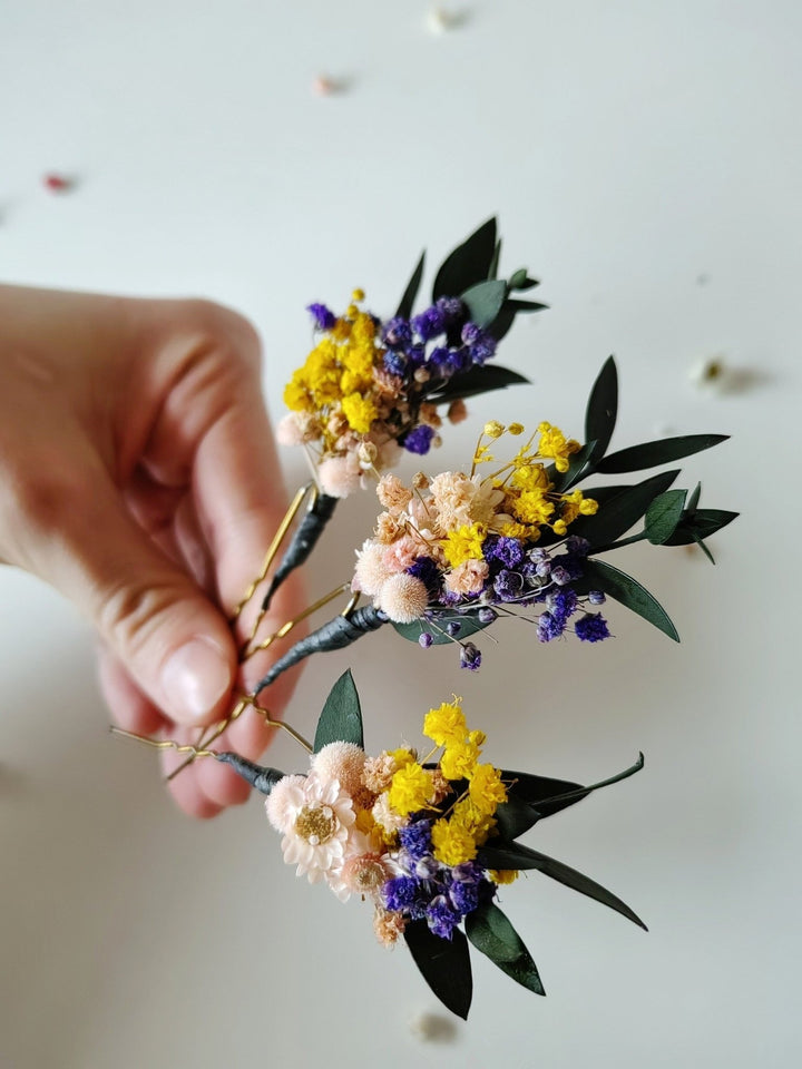 Preserved Flower Hairpins: Violet, Yellow, & Eucalyptus - Meadowy Design – handmade floral hair accessory by magaela