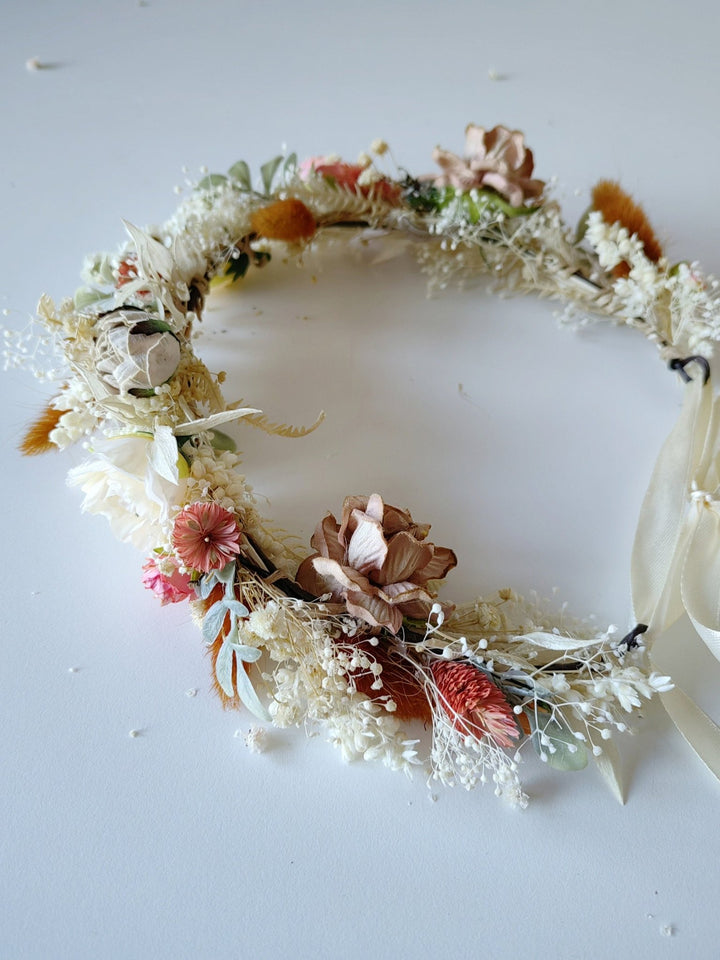 Boho Flower Half Wreath: Vintage Cottagecore Bridal Crown – handmade floral hair accessory by magaela