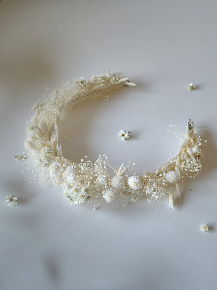Baby's Breath Bridal Half Crown: Dried Flower Hair Wreath – handmade floral hair accessory by magaela