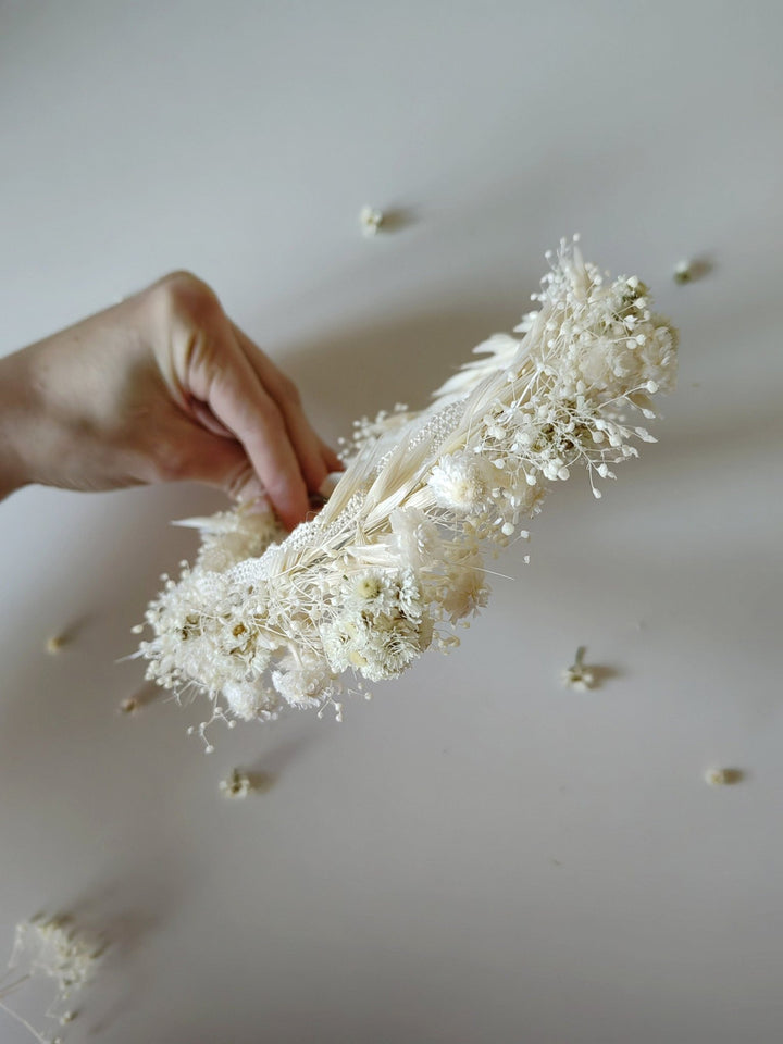Baby's Breath Bridal Half Crown: Dried Flower Hair Wreath – handmade floral hair accessory by magaela