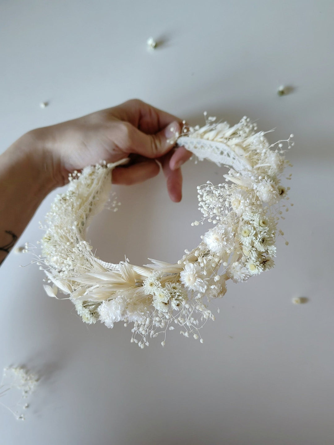 Baby's Breath Bridal Half Crown: Dried Flower Hair Wreath – handmade floral hair accessory by magaela