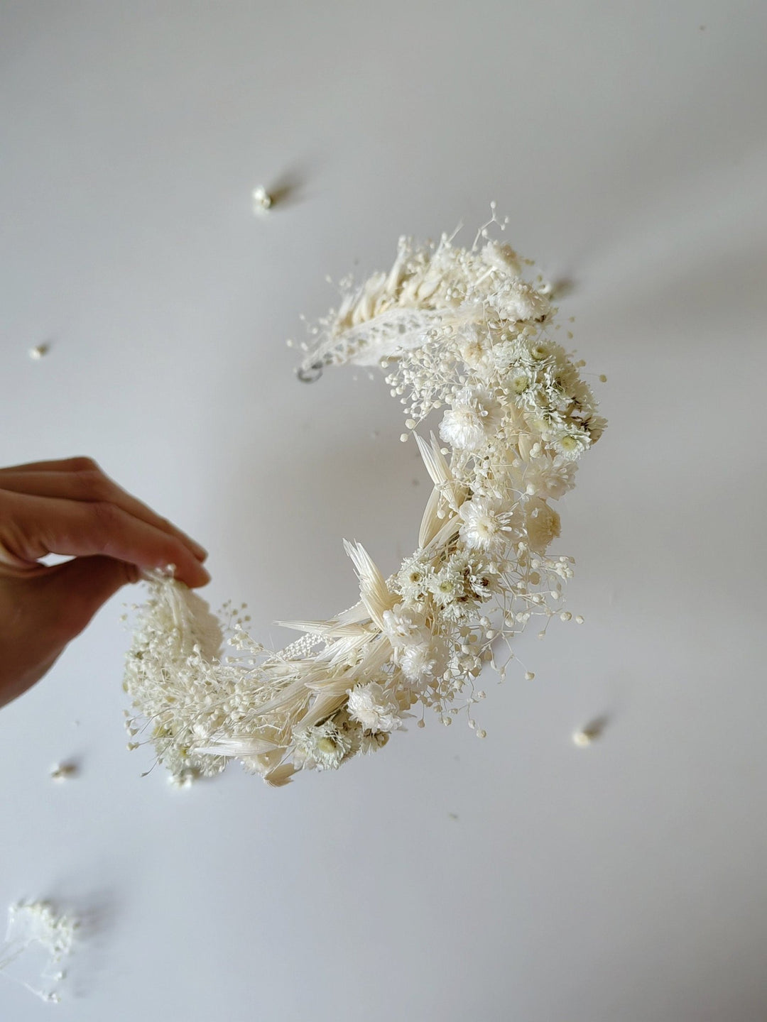 Baby's Breath Bridal Half Crown: Dried Flower Hair Wreath – handmade floral hair accessory by magaela