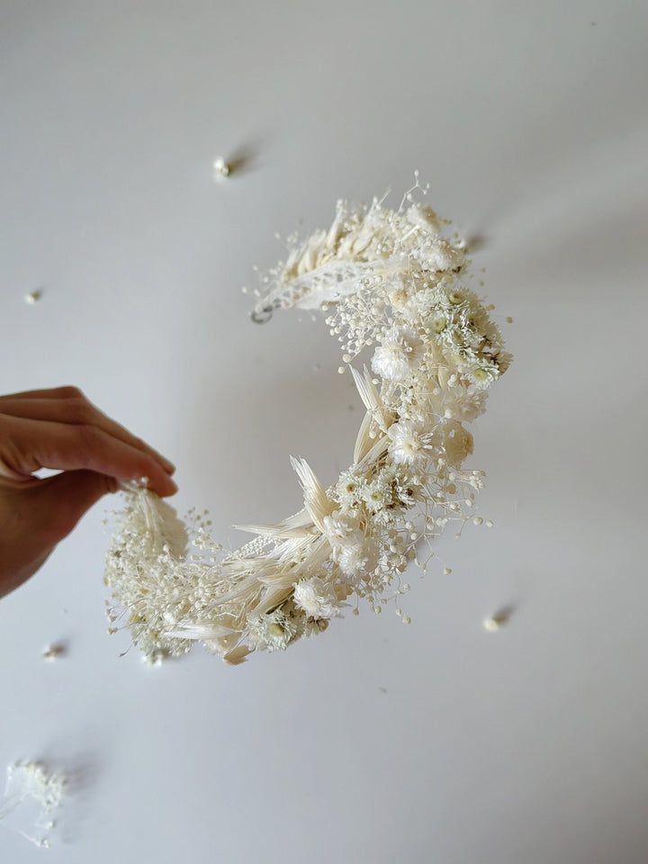 Baby's Breath Bridal Half Crown: Dried Flower Hair Wreath – handmade floral hair accessory by magaela