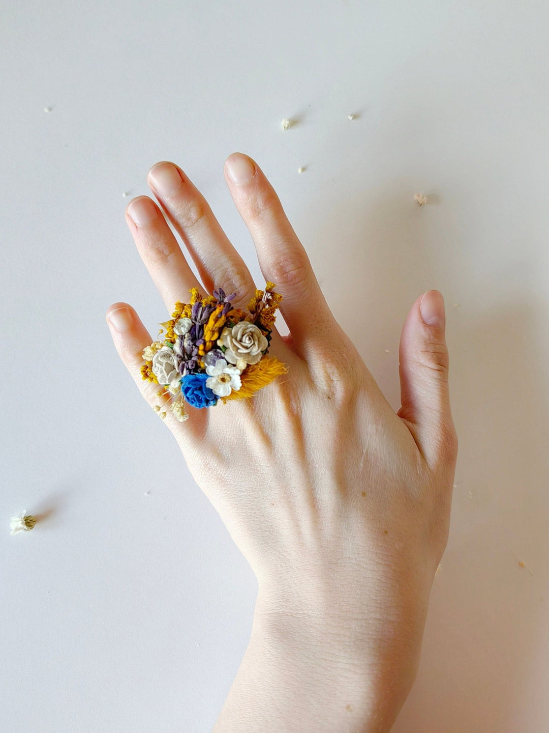 Boho Flower Ring: Autumn Wedding Jewelry, Adjustable Band – handmade floral hair accessory by magaela