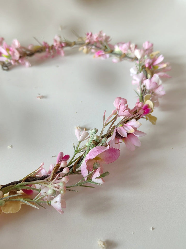 Pink Flower Hair Garland: Romantic Bridal Wreath, Cottagecore Style – handmade floral hair accessory by magaela