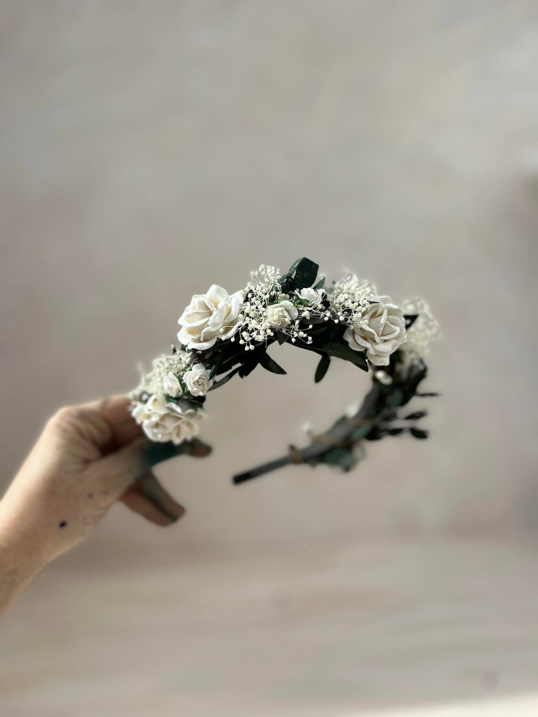 Eucalyptus & Ivory Rose Headband: Romantic Bridal Hair Crown – handmade floral hair accessory by magaela