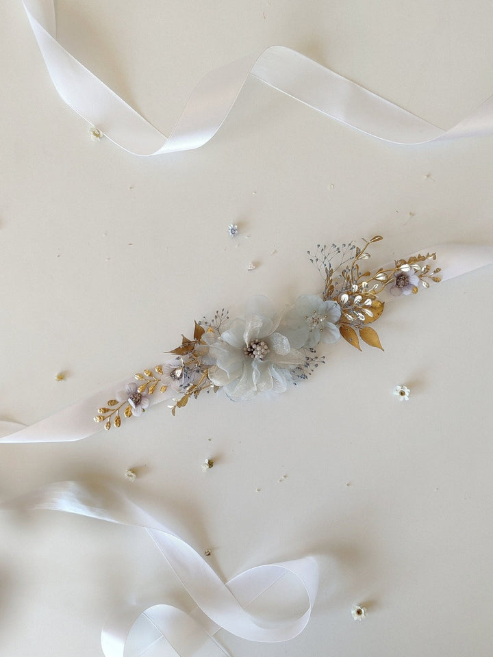 Vintage Mint & Gold Flower Belt: Cottagecore Bridal Accessory – handmade floral hair accessory by magaela