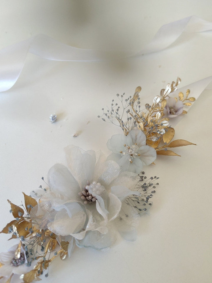 Vintage Mint & Gold Flower Belt: Cottagecore Bridal Accessory – handmade floral hair accessory by magaela