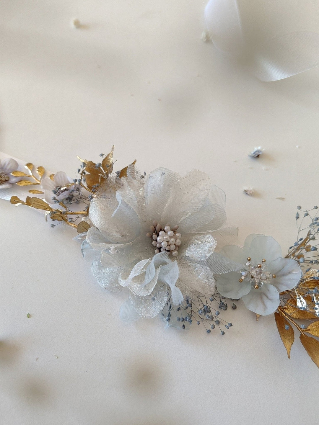 Vintage Mint & Gold Flower Belt: Cottagecore Bridal Accessory – handmade floral hair accessory by magaela