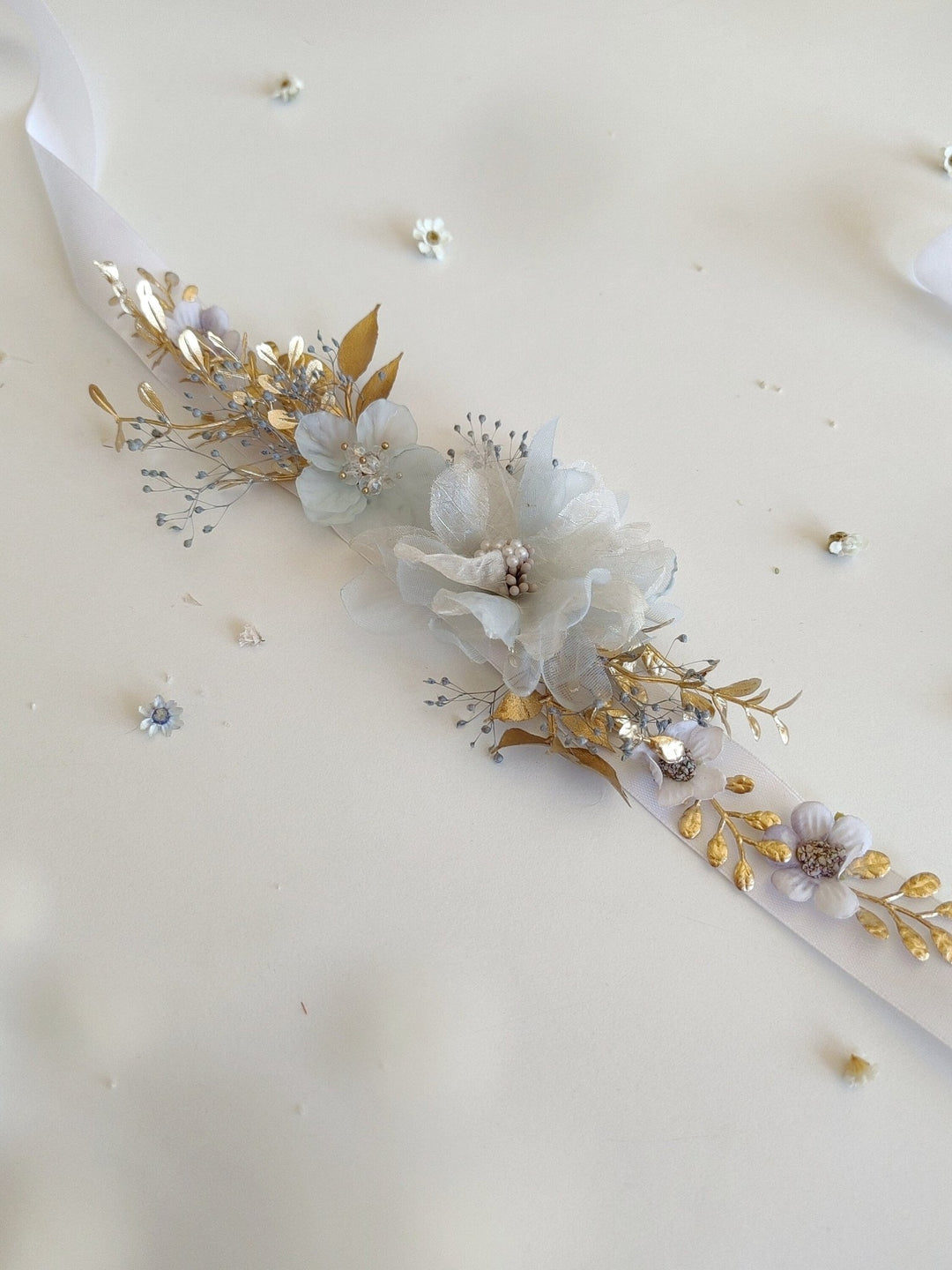 Vintage Mint & Gold Flower Belt: Cottagecore Bridal Accessory – handmade floral hair accessory by magaela