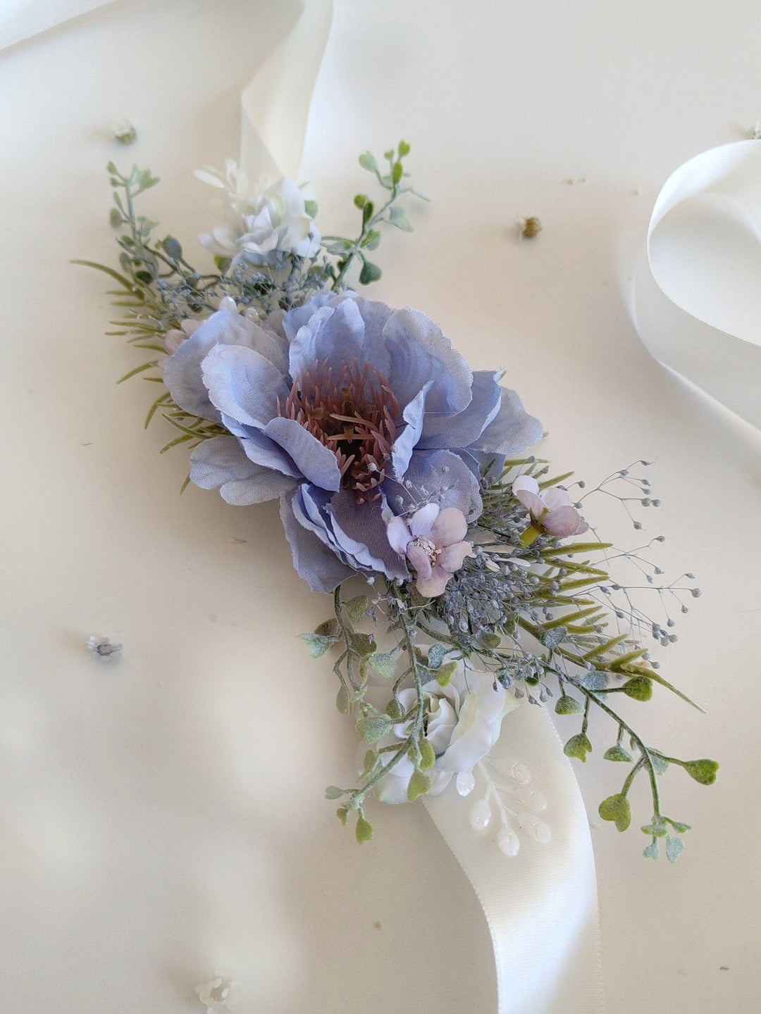 Blue Floral Bridal Belt: Boho Wedding Dress Accessory – handmade floral hair accessory by magaela