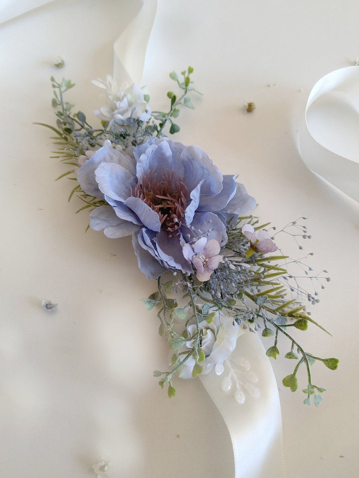Blue Floral Bridal Belt: Boho Wedding Dress Accessory – handmade floral hair accessory by magaela