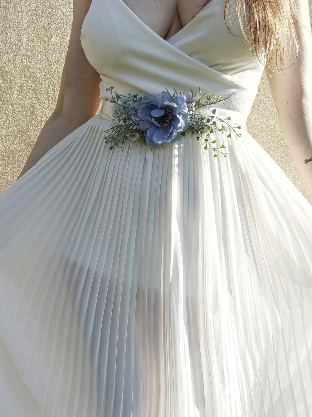 Blue Floral Bridal Belt: Boho Wedding Dress Accessory – handmade floral hair accessory by magaela