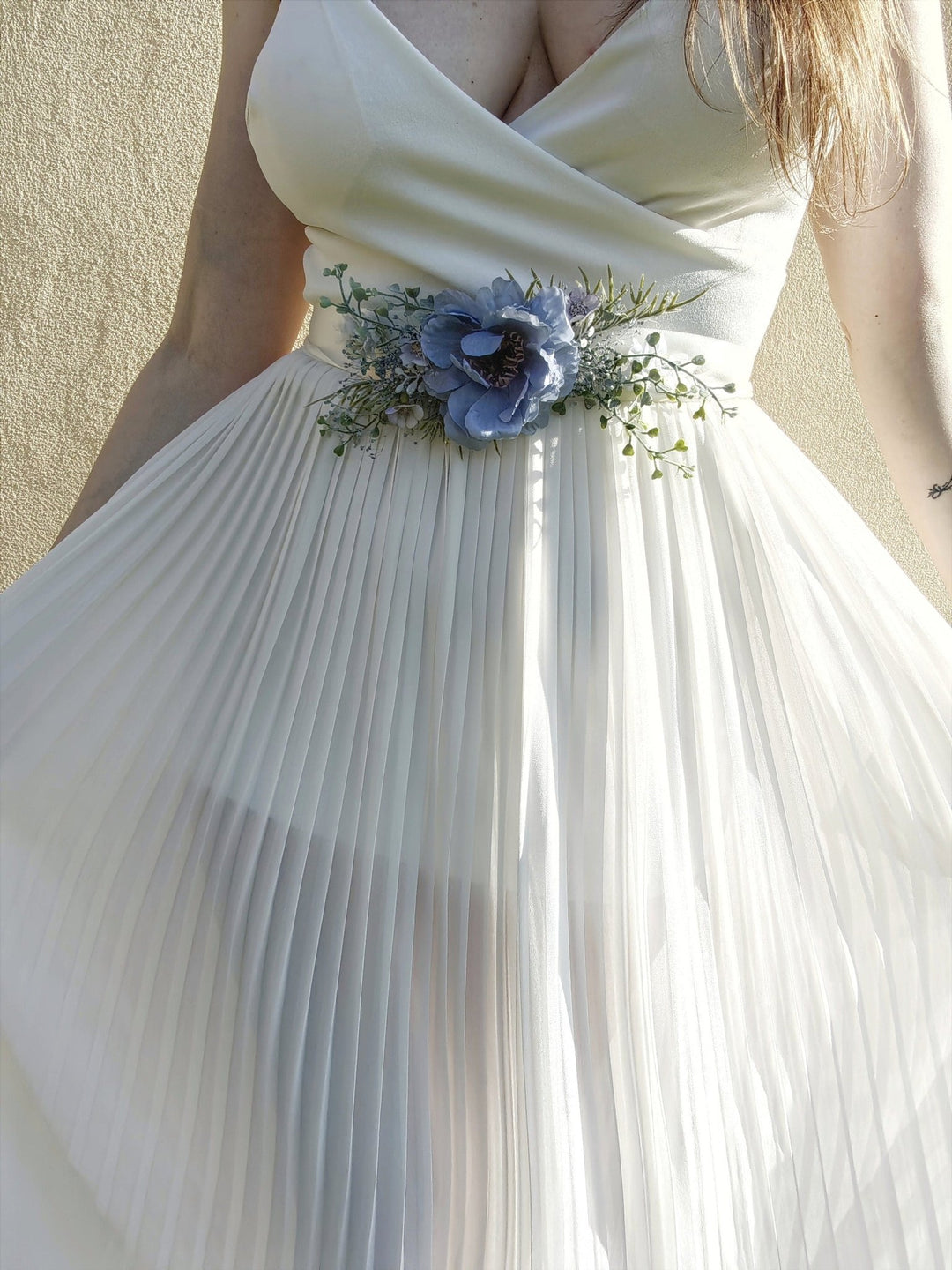 Blue Floral Bridal Belt: Boho Wedding Dress Accessory – handmade floral hair accessory by magaela