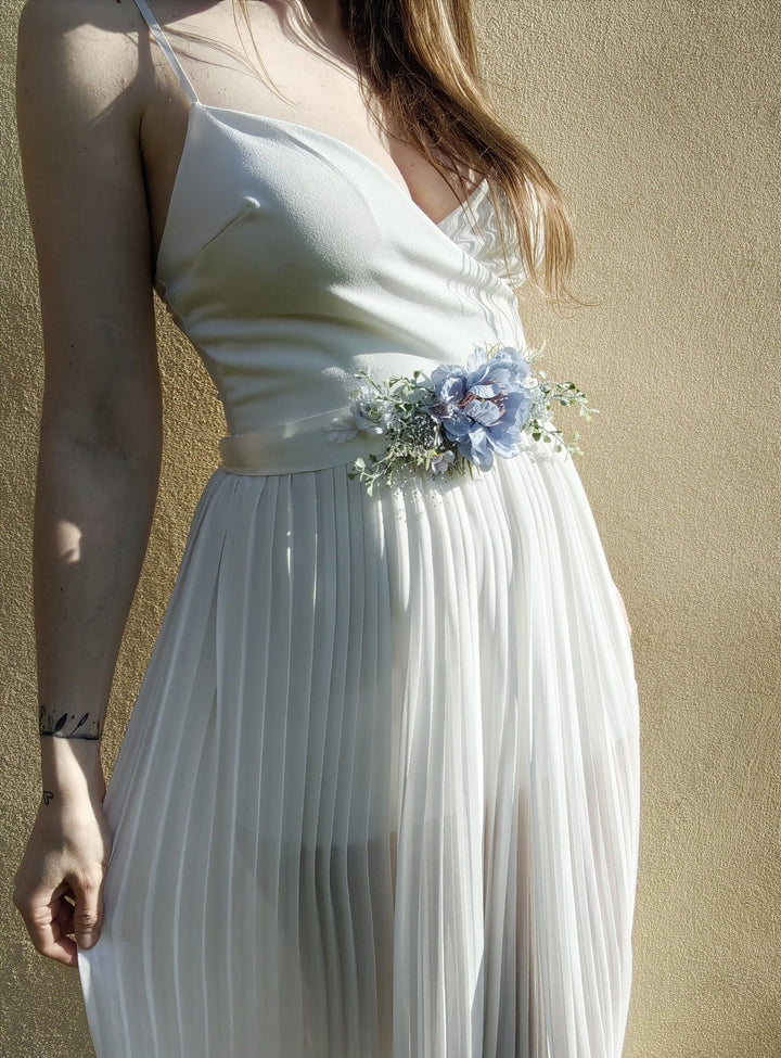 Blue Floral Bridal Belt: Boho Wedding Dress Accessory – handmade floral hair accessory by magaela