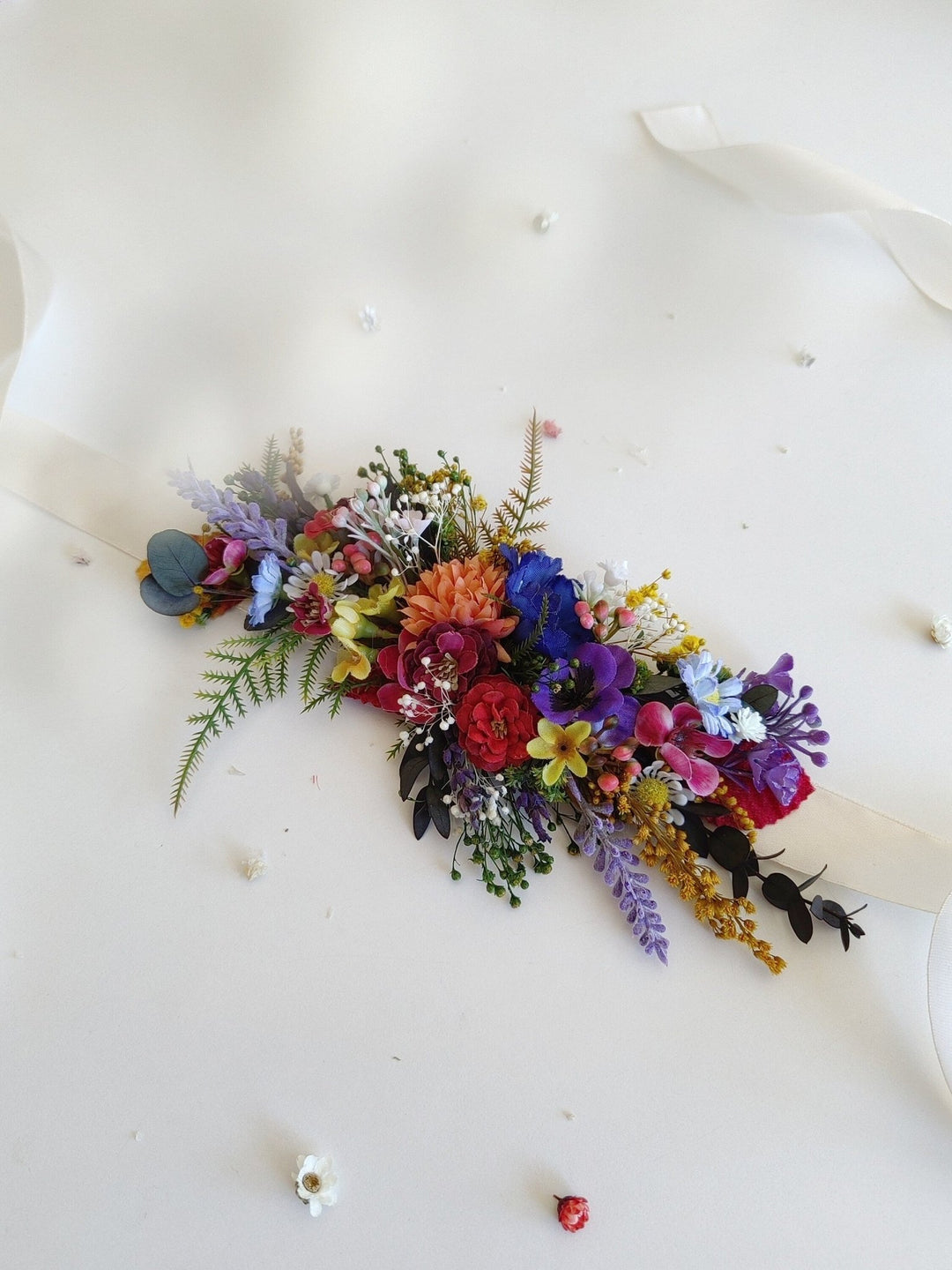 Wildflower Bridal Belt: Colorful Summer Wedding Sash – handmade floral hair accessory by magaela