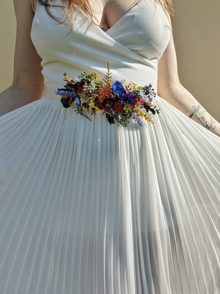Wildflower Bridal Belt: Colorful Summer Wedding Sash – handmade floral hair accessory by magaela