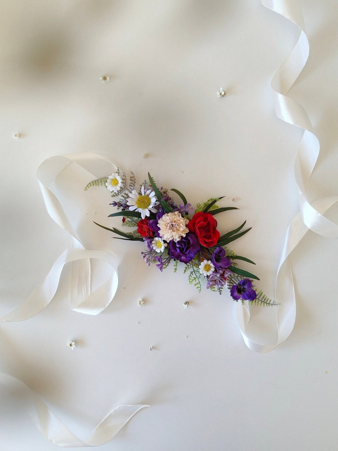 Daisy Bridal Flower Belt: Purple Meadow Wedding Dress Accessory – handmade floral hair accessory by magaela