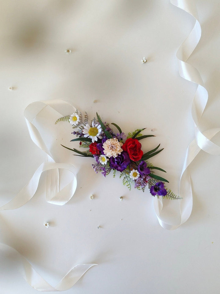 Daisy Bridal Flower Belt: Purple Meadow Wedding Dress Accessory – handmade floral hair accessory by magaela
