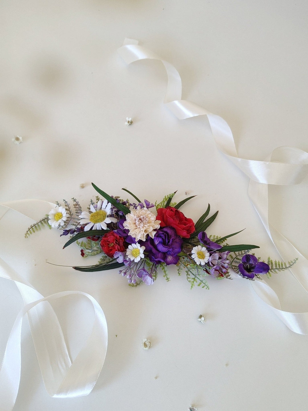 Daisy Bridal Flower Belt: Purple Meadow Wedding Dress Accessory – handmade floral hair accessory by magaela