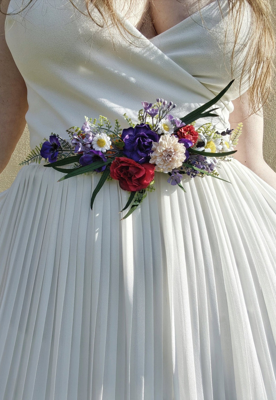 Daisy Bridal Flower Belt: Purple Meadow Wedding Dress Accessory – handmade floral hair accessory by magaela