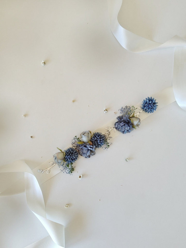 Blue Flower Bridal Belt: Vintage Wedding Sash, Silver Leaves – handmade floral hair accessory by magaela
