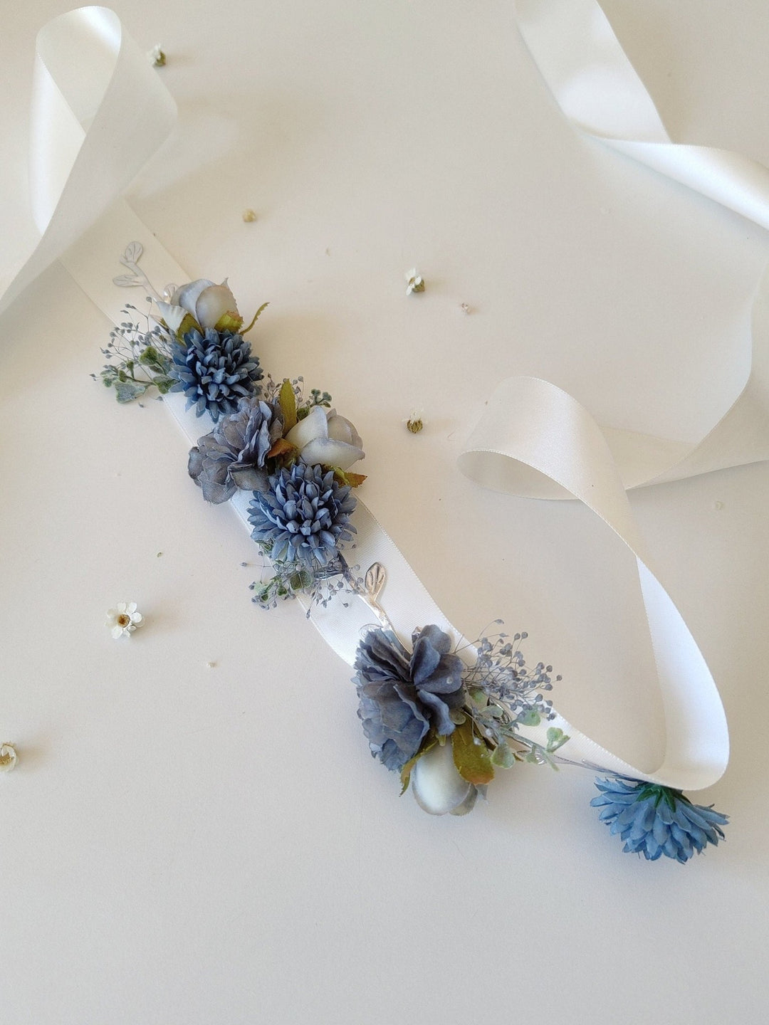 Blue Flower Bridal Belt: Vintage Wedding Sash, Silver Leaves – handmade floral hair accessory by magaela
