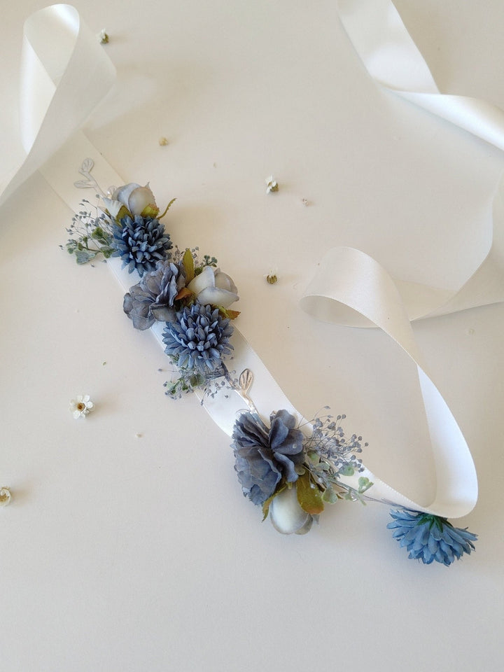 Blue Flower Bridal Belt: Vintage Wedding Sash, Silver Leaves – handmade floral hair accessory by magaela