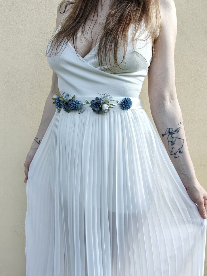Blue Flower Bridal Belt: Vintage Wedding Sash, Silver Leaves – handmade floral hair accessory by magaela