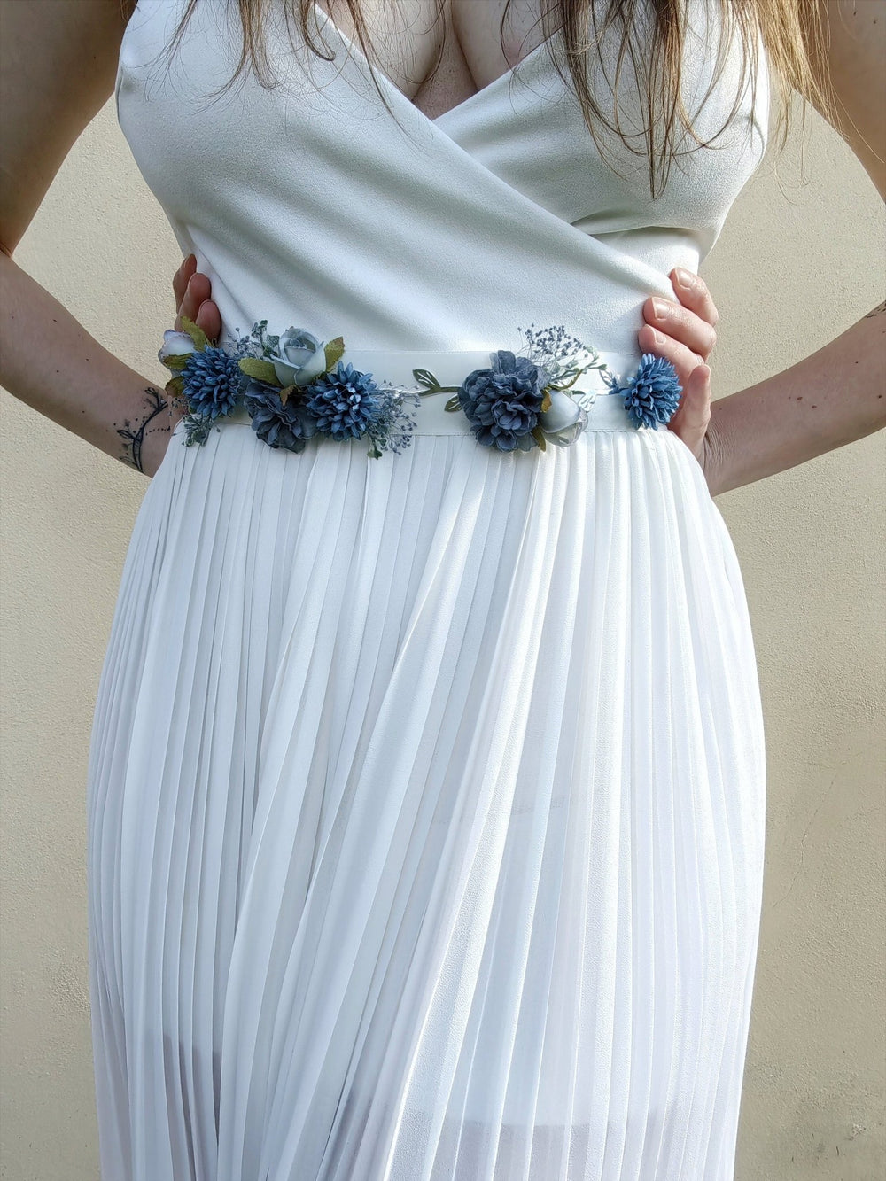 Blue Flower Bridal Belt: Vintage Wedding Sash, Silver Leaves – handmade floral hair accessory by magaela