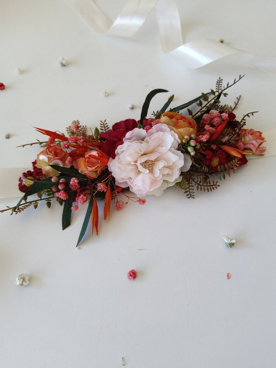 Orange Flower Bridal Belt: Boho Wedding Dress Accessory – handmade floral hair accessory by magaela