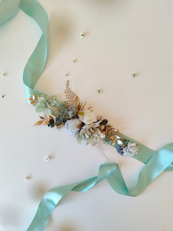 Mint Ribbon Flower Bridal Belt: Gold Accent Wedding Sash – handmade floral hair accessory by magaela