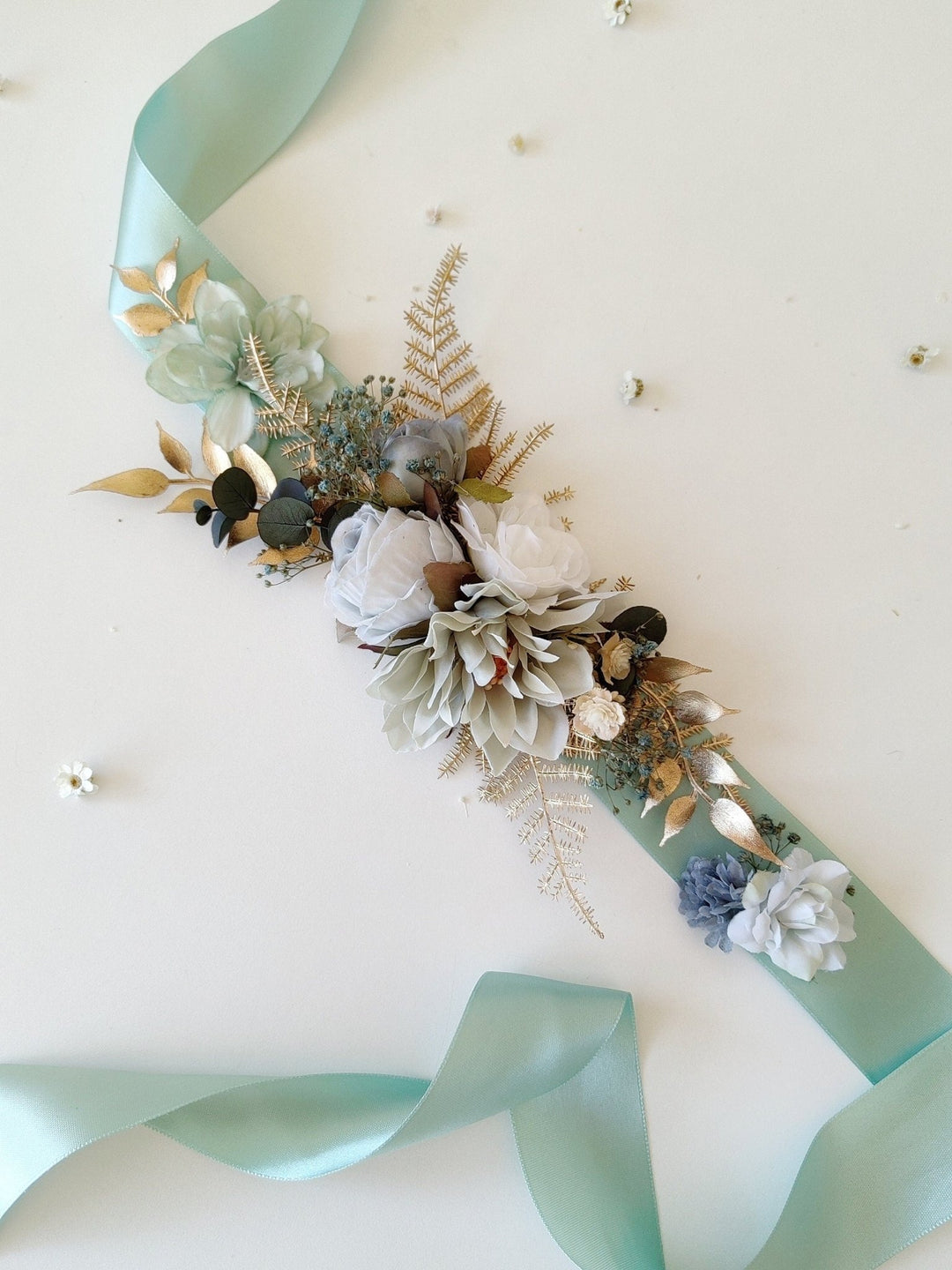 Mint Ribbon Flower Bridal Belt: Gold Accent Wedding Sash – handmade floral hair accessory by magaela