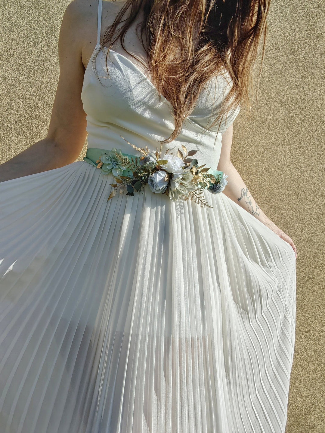 Mint Ribbon Flower Bridal Belt: Gold Accent Wedding Sash – handmade floral hair accessory by magaela