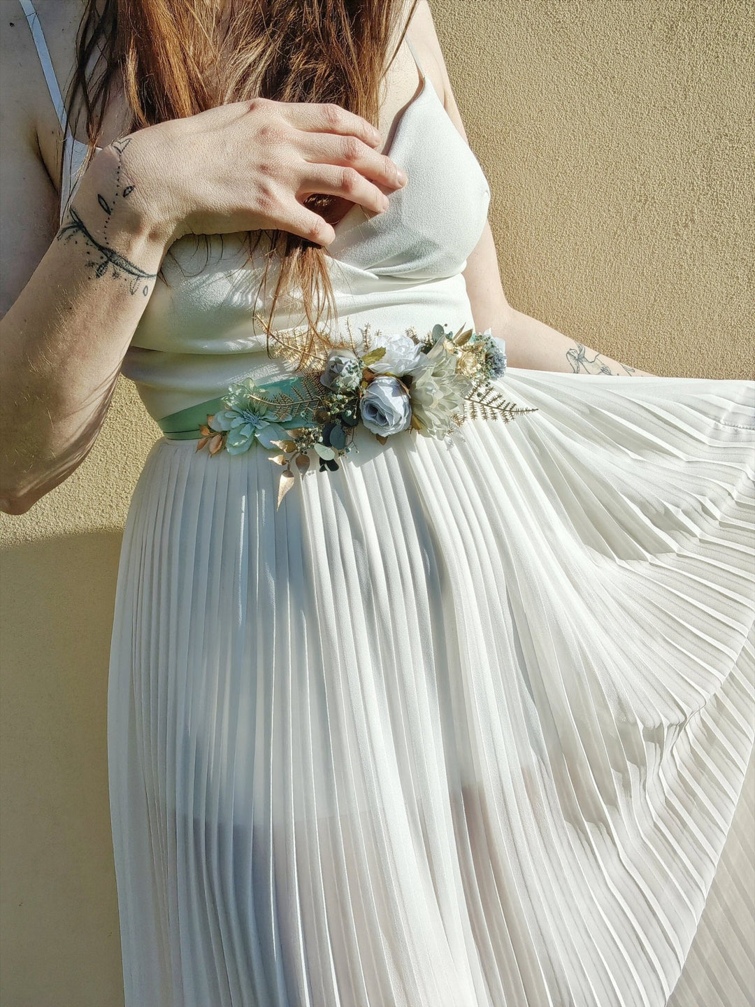 Mint Ribbon Flower Bridal Belt: Gold Accent Wedding Sash – handmade floral hair accessory by magaela