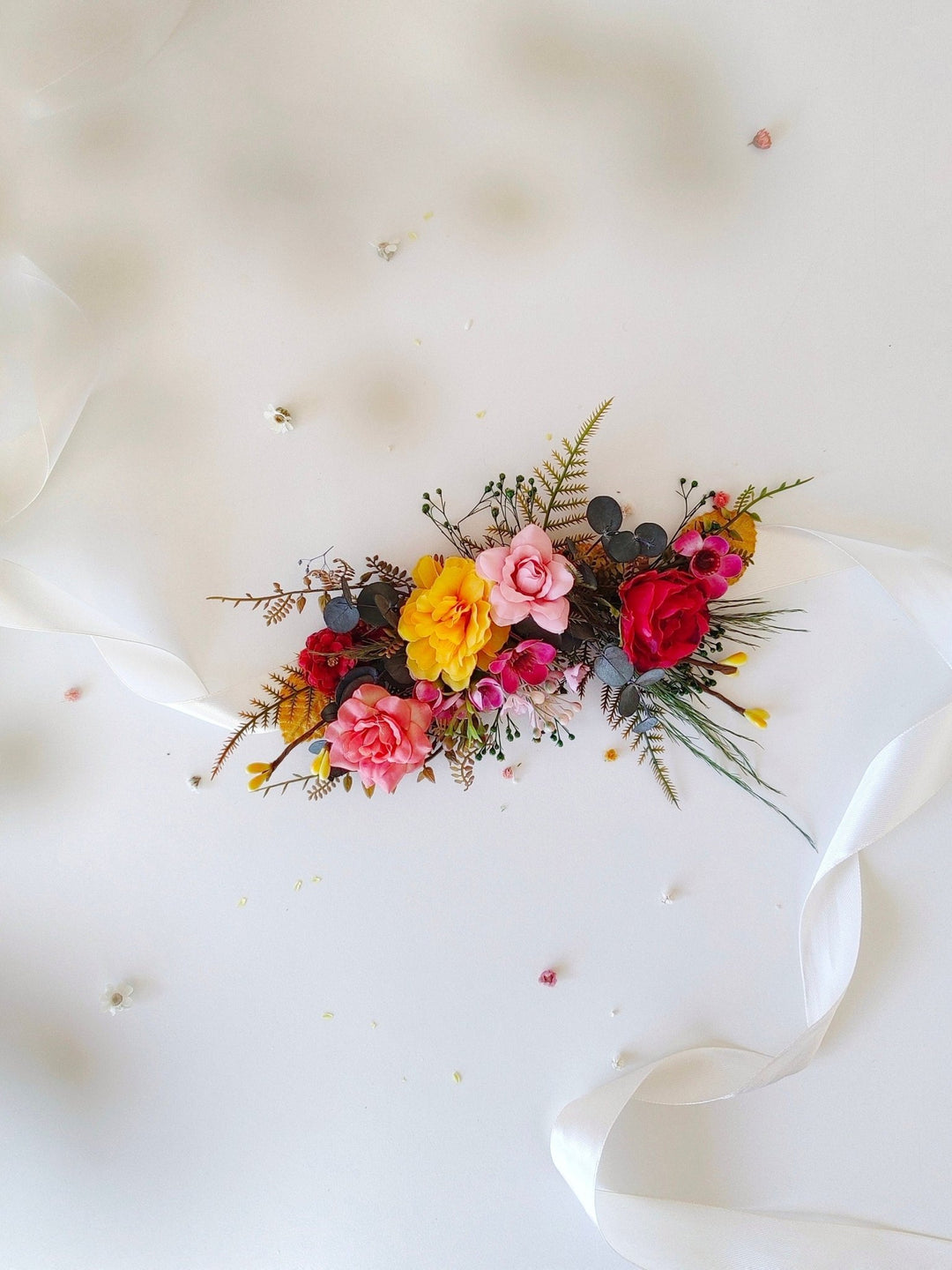 Colorful Floral Bridal Belt: Red, Yellow, Pink Flower Sash – handmade floral hair accessory by magaela