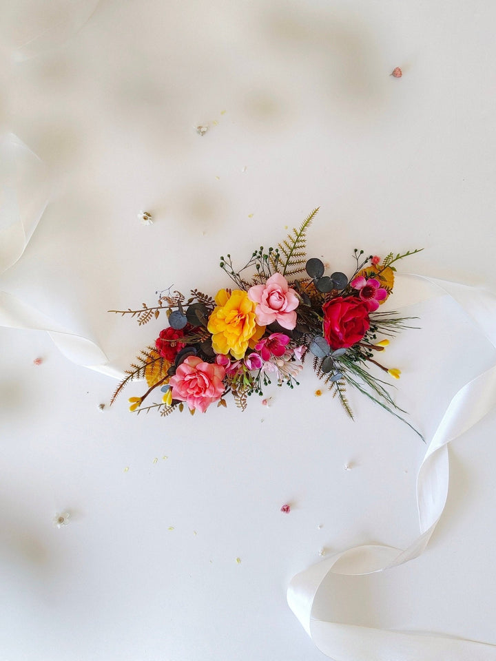 Colorful Floral Bridal Belt: Red, Yellow, Pink Flower Sash – handmade floral hair accessory by magaela