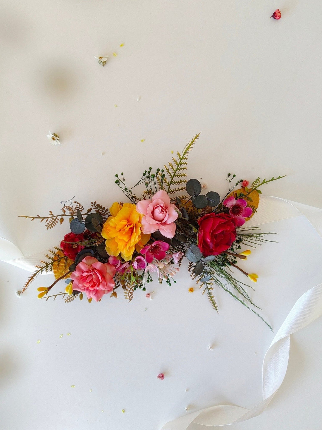 Colorful Floral Bridal Belt: Red, Yellow, Pink Flower Sash – handmade floral hair accessory by magaela