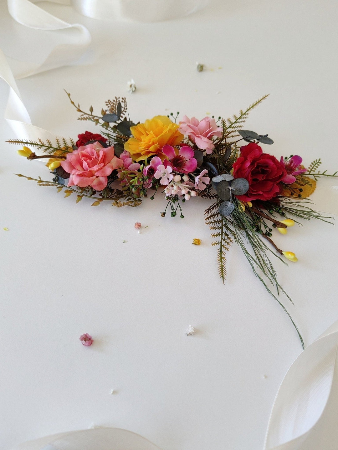 Colorful Floral Bridal Belt: Red, Yellow, Pink Flower Sash – handmade floral hair accessory by magaela
