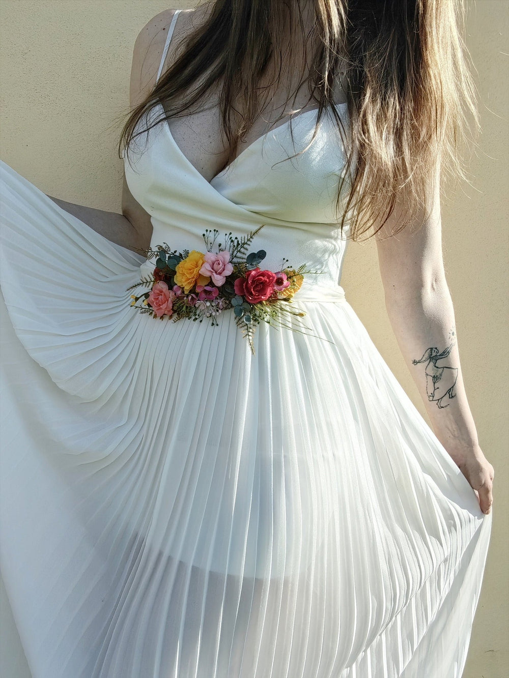 Colorful Floral Bridal Belt: Red, Yellow, Pink Flower Sash – handmade floral hair accessory by magaela