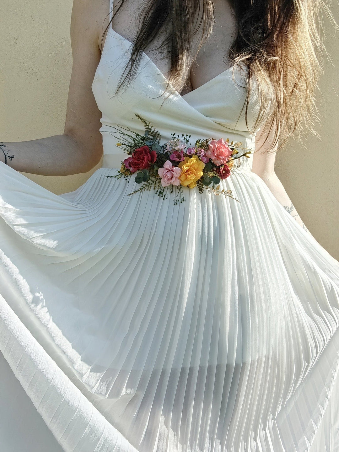 Colorful Floral Bridal Belt: Red, Yellow, Pink Flower Sash – handmade floral hair accessory by magaela