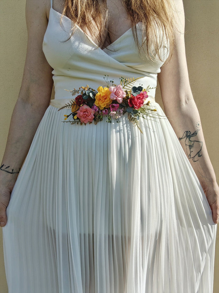 Colorful Floral Bridal Belt: Red, Yellow, Pink Flower Sash – handmade floral hair accessory by magaela
