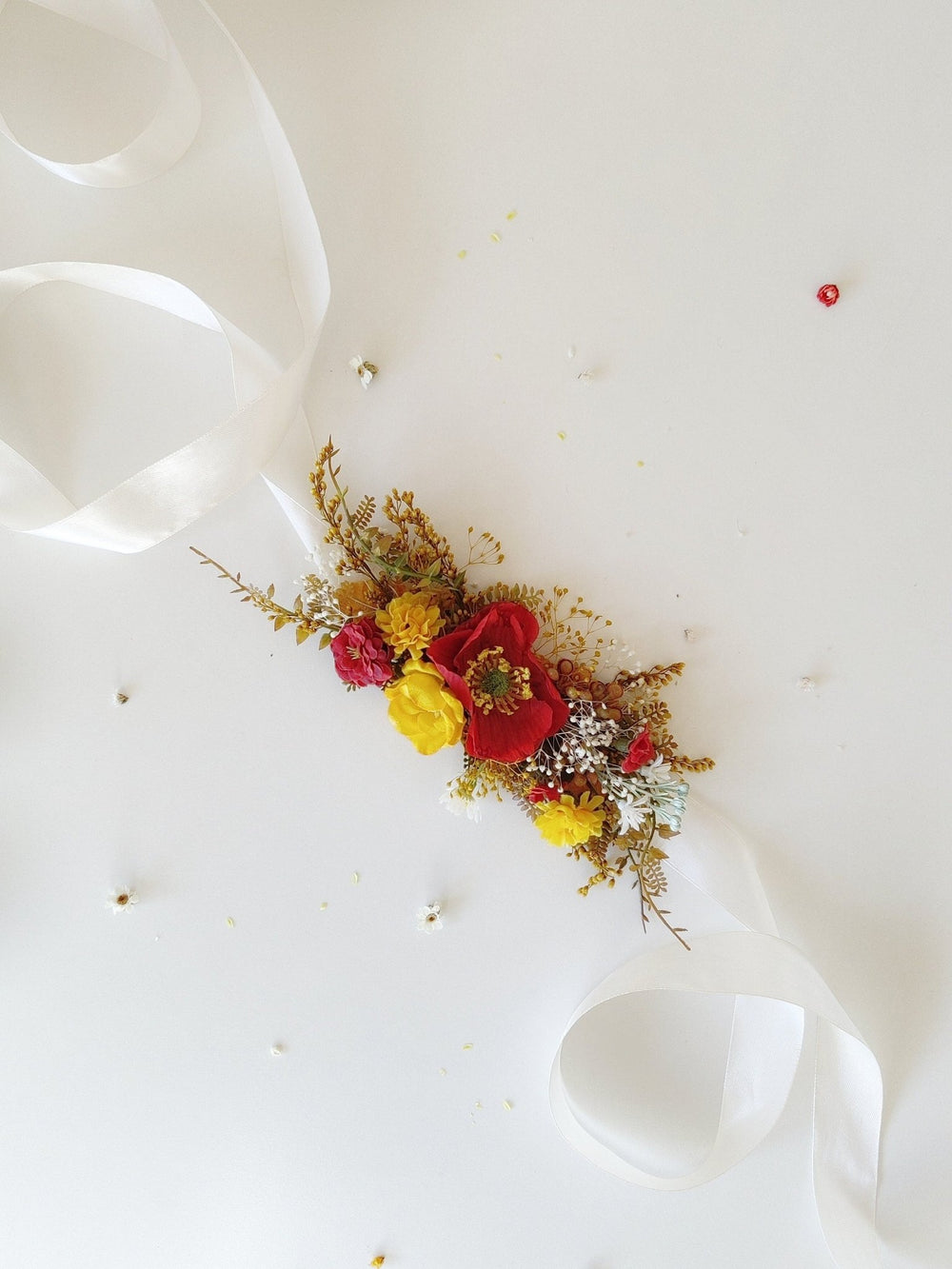 Red & Yellow Poppy Flower Belt: Boho Bridal Dress, Summer Wedding – handmade floral hair accessory by magaela