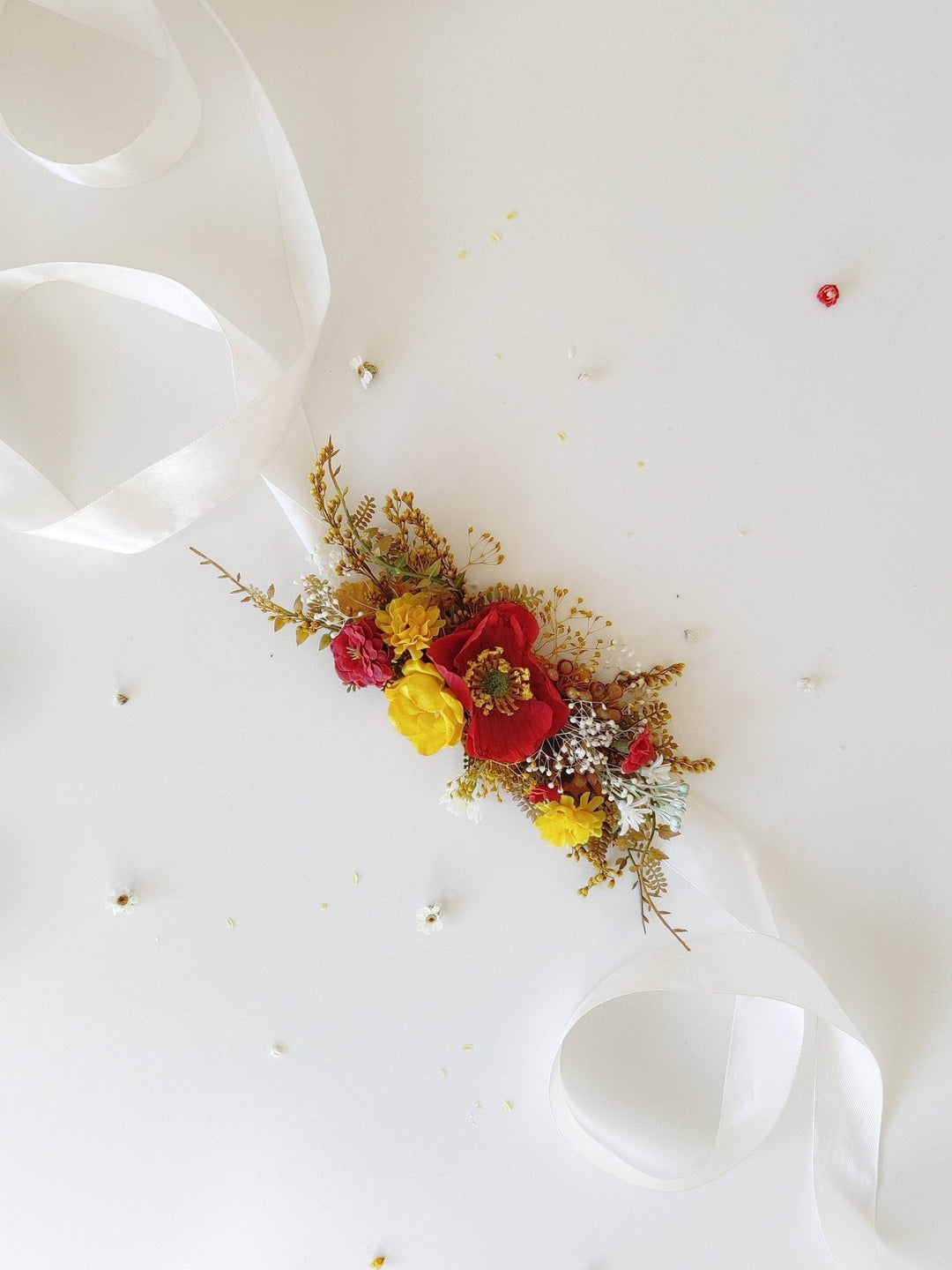 Red & Yellow Poppy Flower Belt: Boho Bridal Dress, Summer Wedding – handmade floral hair accessory by magaela