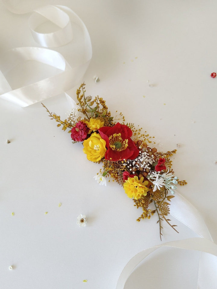 Red & Yellow Poppy Flower Belt: Boho Bridal Dress, Summer Wedding – handmade floral hair accessory by magaela