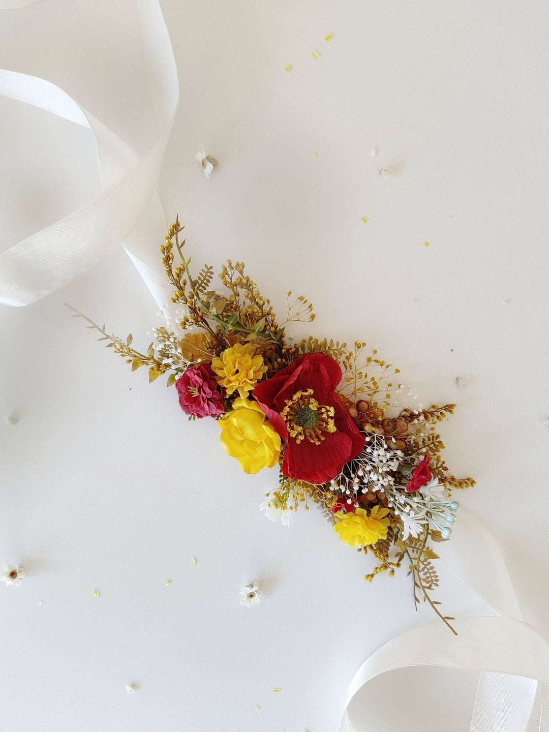 Red & Yellow Poppy Flower Belt: Boho Bridal Dress, Summer Wedding – handmade floral hair accessory by magaela