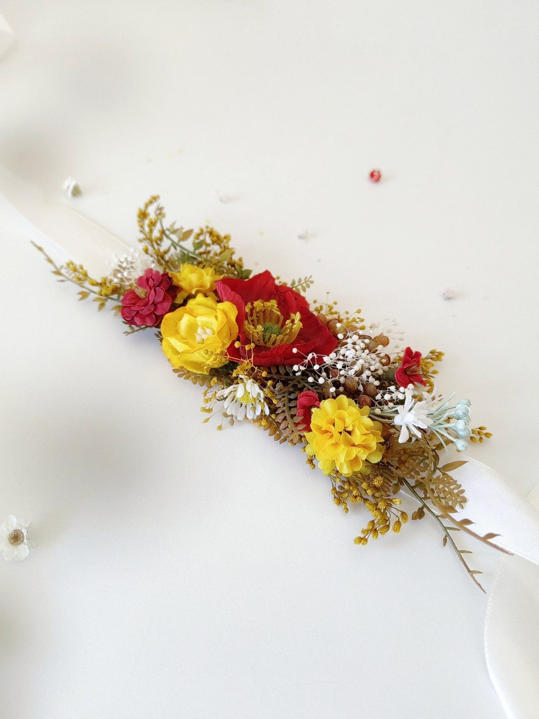 Red & Yellow Poppy Flower Belt: Boho Bridal Dress, Summer Wedding – handmade floral hair accessory by magaela