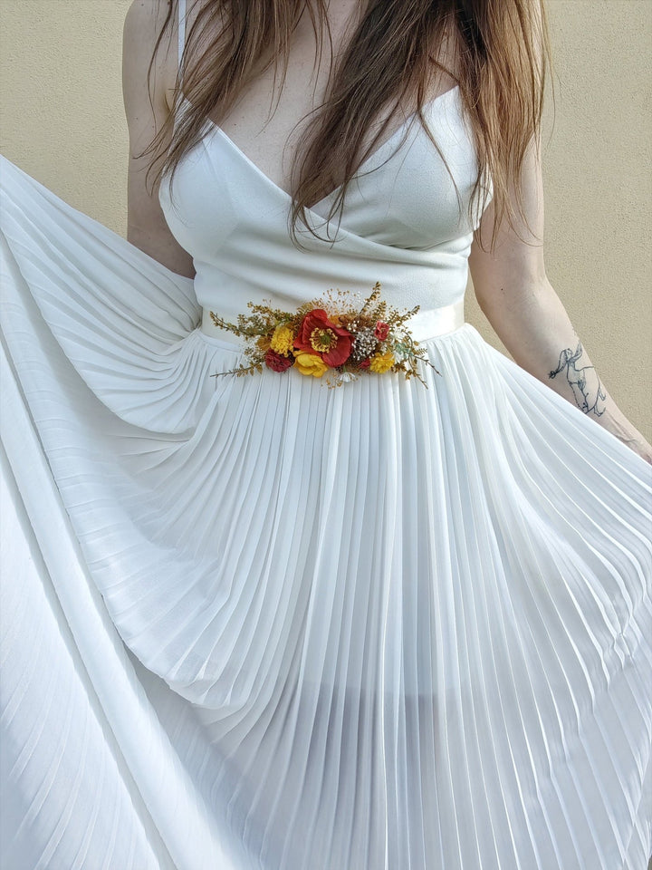 Red & Yellow Poppy Flower Belt: Boho Bridal Dress, Summer Wedding – handmade floral hair accessory by magaela