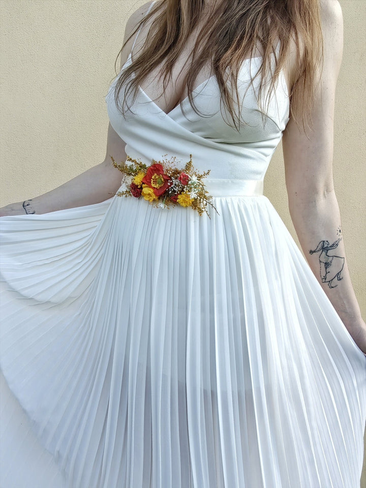 Red & Yellow Poppy Flower Belt: Boho Bridal Dress, Summer Wedding – handmade floral hair accessory by magaela